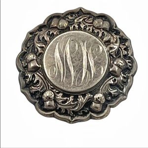 Antique Etched engraved sterling silver? ornate flower brooch